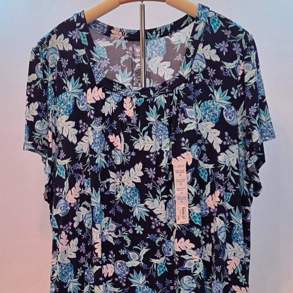 Croft & Barrow Short-Sleeve Square Neck w/Gathers Top, Navy Floral, 2X, NWT